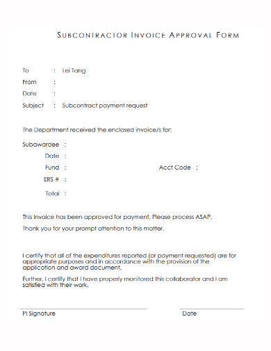 subcontractor invoice approval form