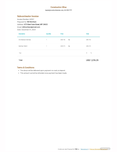 subcontractor invoice template