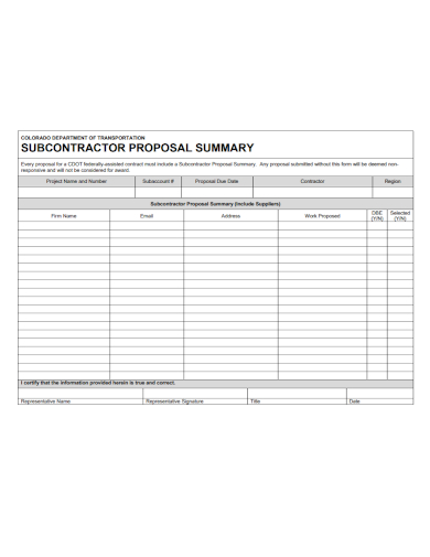 subcontractor proposal summary