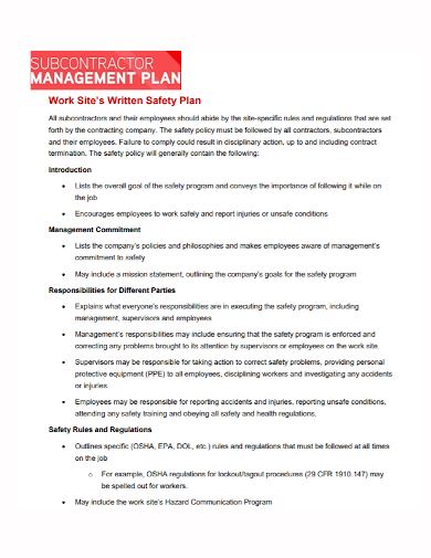 subcontractor work site safety management plan