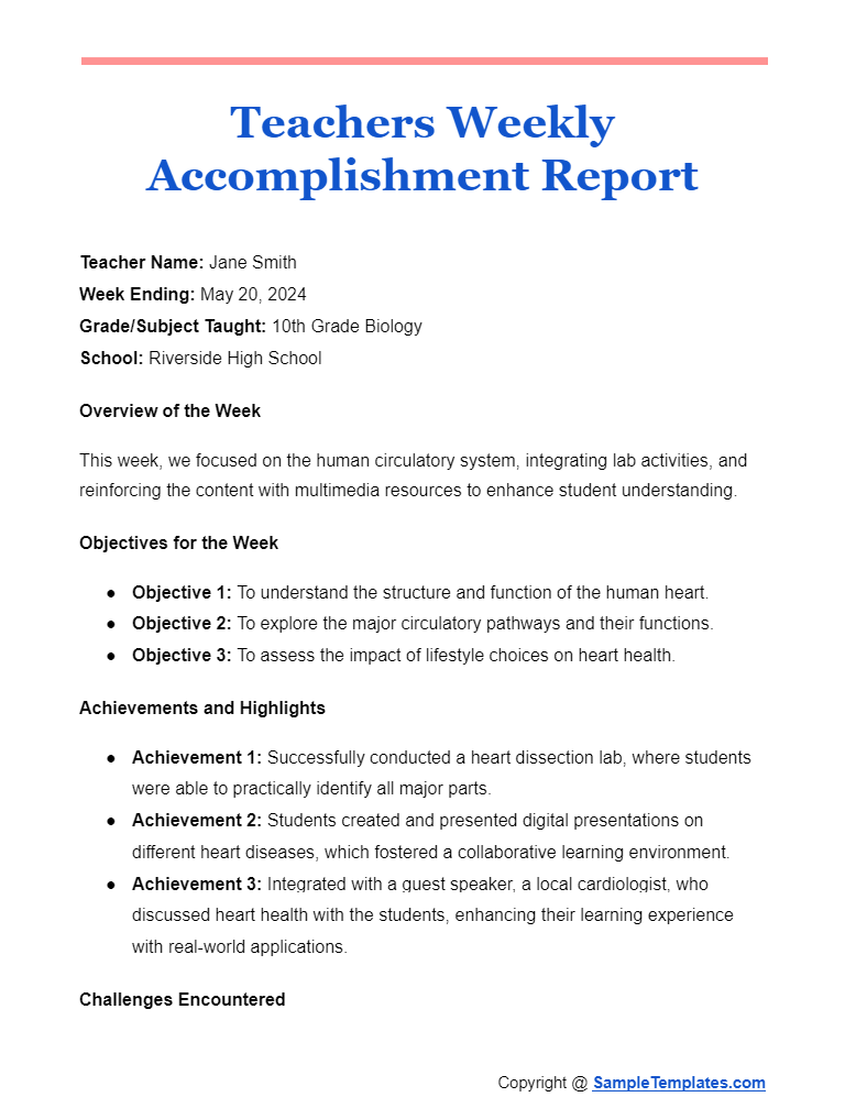 teachers weekly accomplishment report