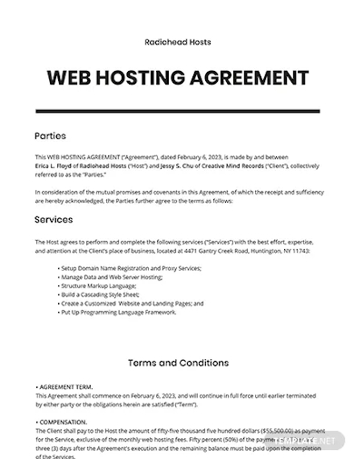 web hosting agreement template