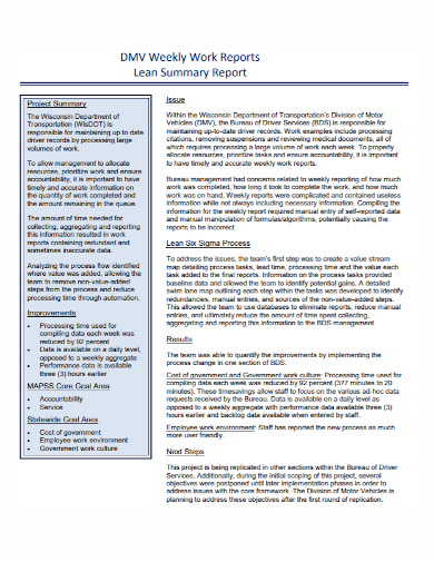 weekly work lean summary report
