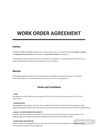 work order agreement template