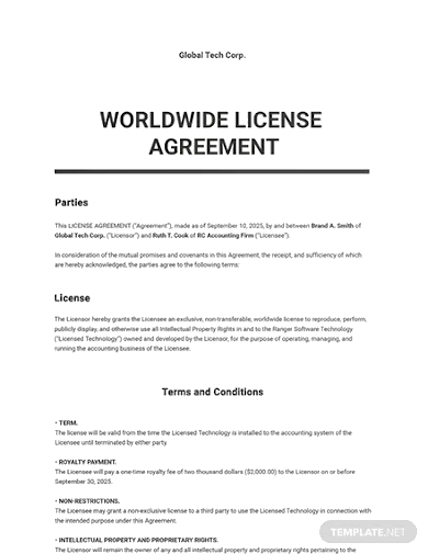 worldwide license agreement template