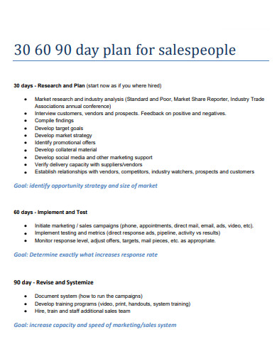 basic 30 60 90 day plan for sales people