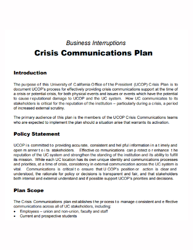 business interruption crisis communication plan