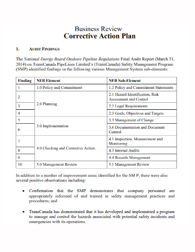 business review corrective action plan