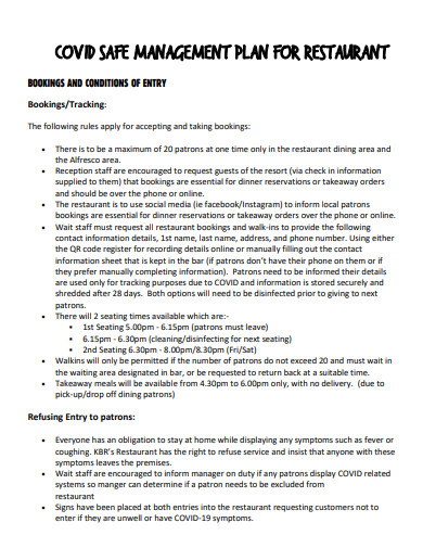 covid 19 safety management plan for restaurants