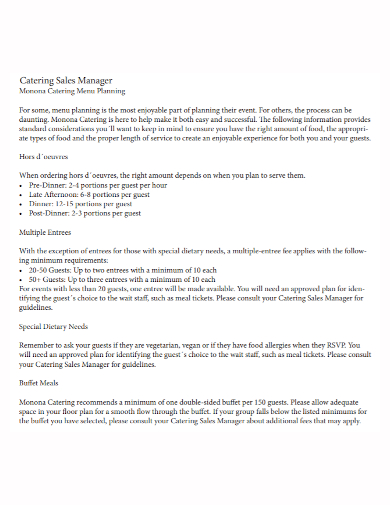 catering sales manager menu plan