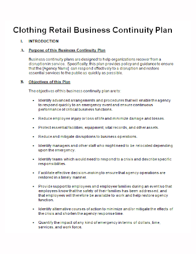 clothing retail business continuity plan