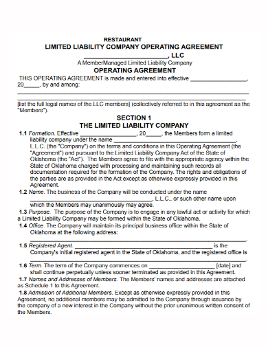 company restaurant liability operating agreement