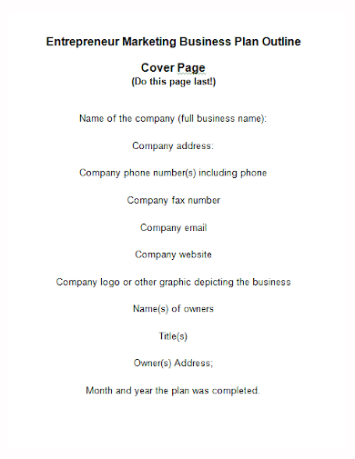 cover page entrepreneur marketing plan