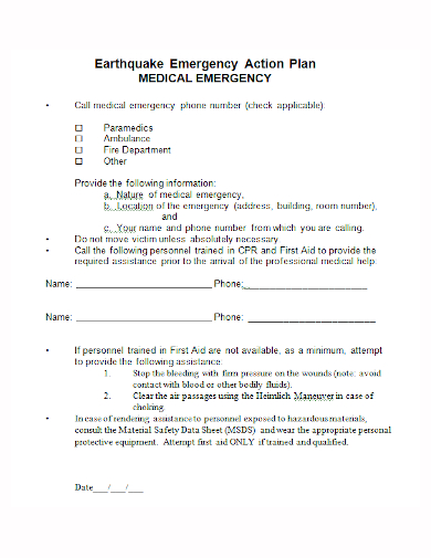 earthquake medical emergency action plan