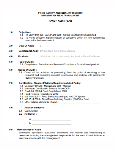 haccp food safety audit plan