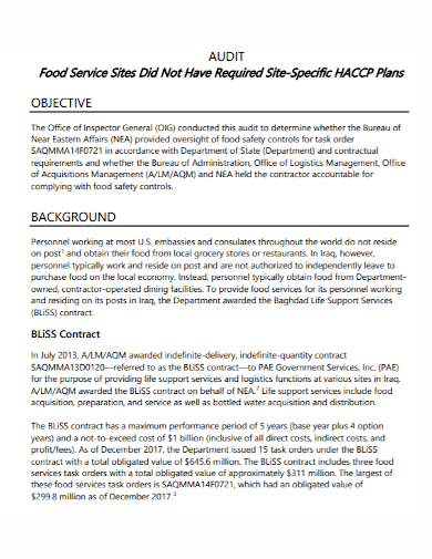 haccp food service audit plan