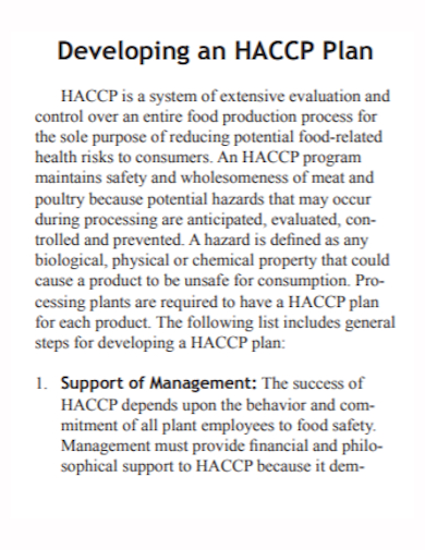 haccp management development plan