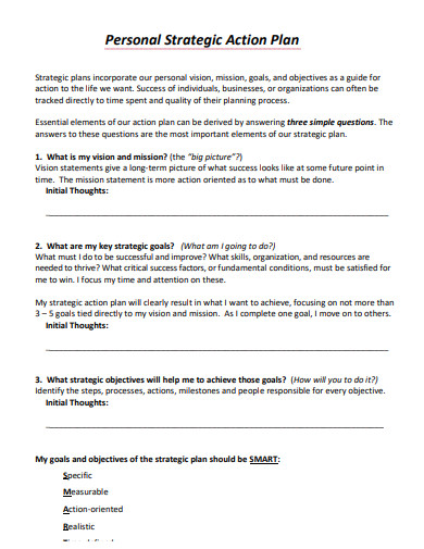 one page personal strategic action plan