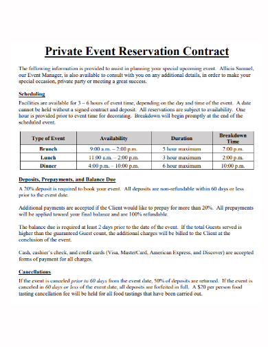 private event reservation contract