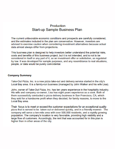 production startup company business plan