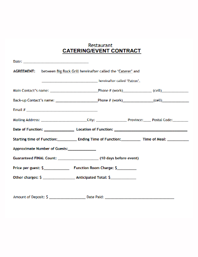 restaurant catering event contract