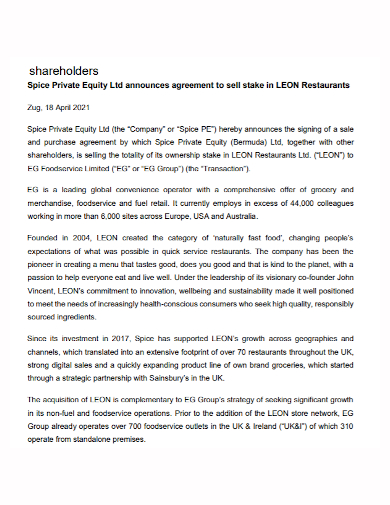 restaurant equity shareholders agreement