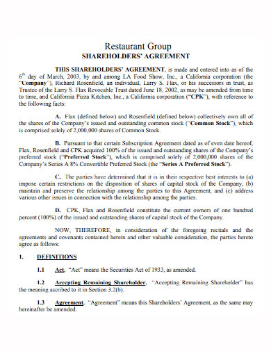 restaurant group shareholders agreement