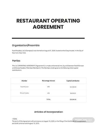 restaurant operating agreement template