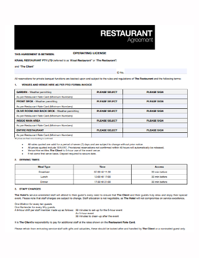 restaurant operating license agreement