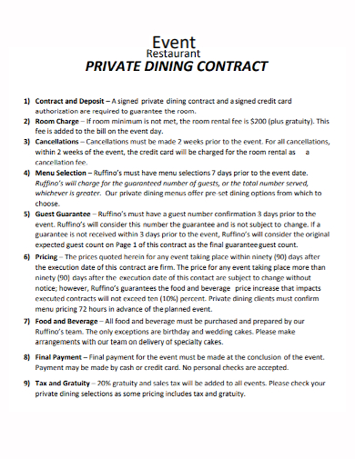 restaurant private event contract