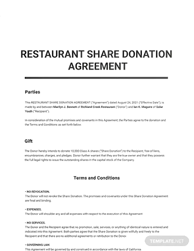 restaurant share donation agreement templates