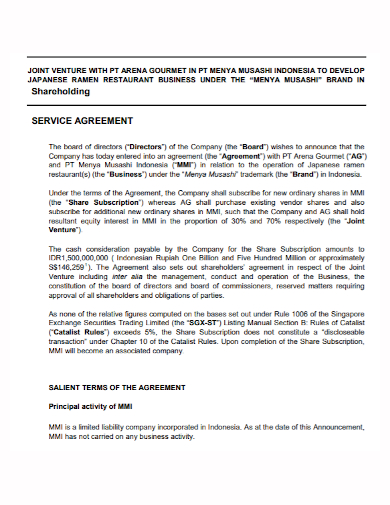 restaurant shareholders service agreement