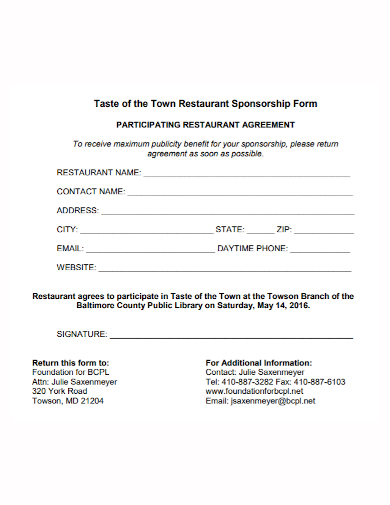 restaurant sponsorship agreement form