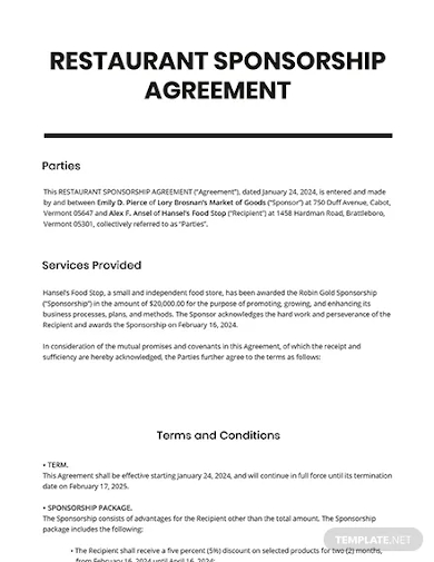 restaurant sponsorship agreement template