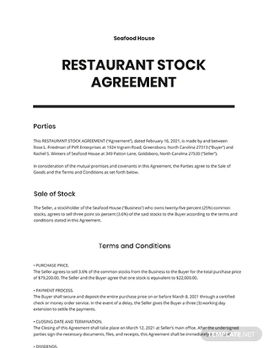 restaurant stock agreement template
