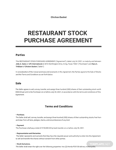 restaurant stock purchase agreement template