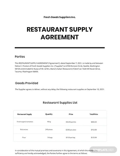 restaurant supply agreement