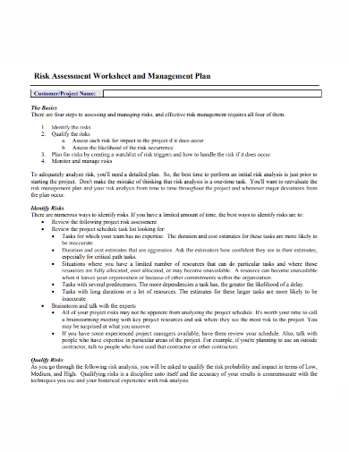 risk assessment worksheet plan
