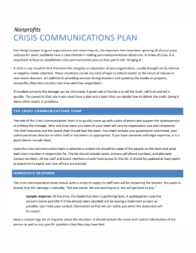 sample nonprofit crisis communication plan