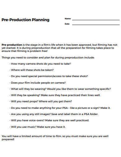 sample pre production plan
