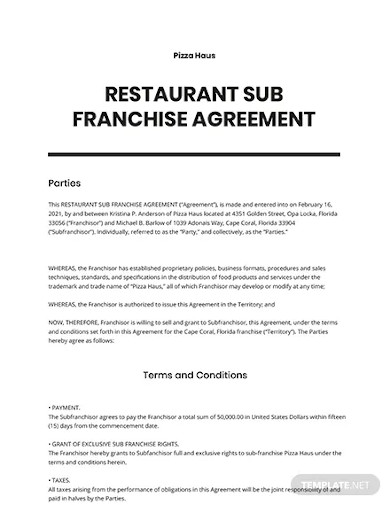 sample sub franchise agreement