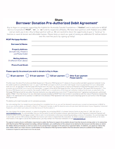 share borrower donation debit agreement