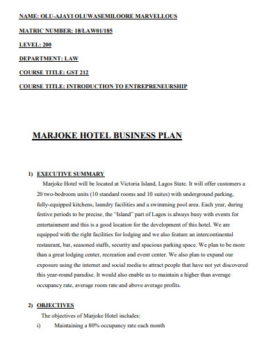 small hotel and hospitality business plan