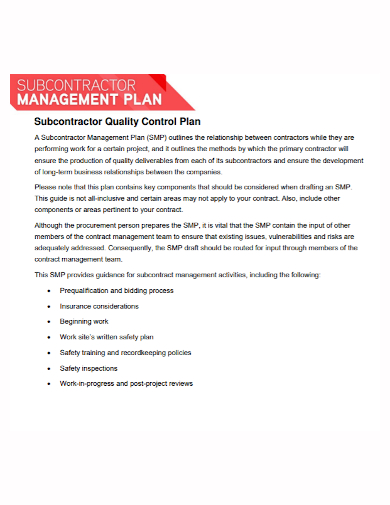 subcontractor management quality control plan