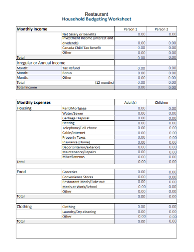 annual expense restaurant budget worksheet