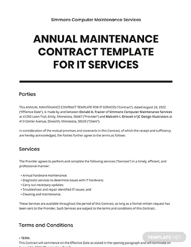 annual maintenance contract template for it service