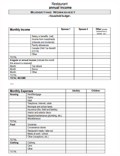 annual restaurant household budget worksheet