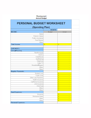 annual restaurant personal budget worksheet