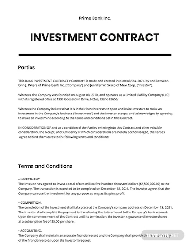 bank investment contract template