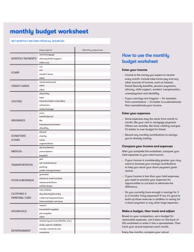 basic monthly budget worksheet